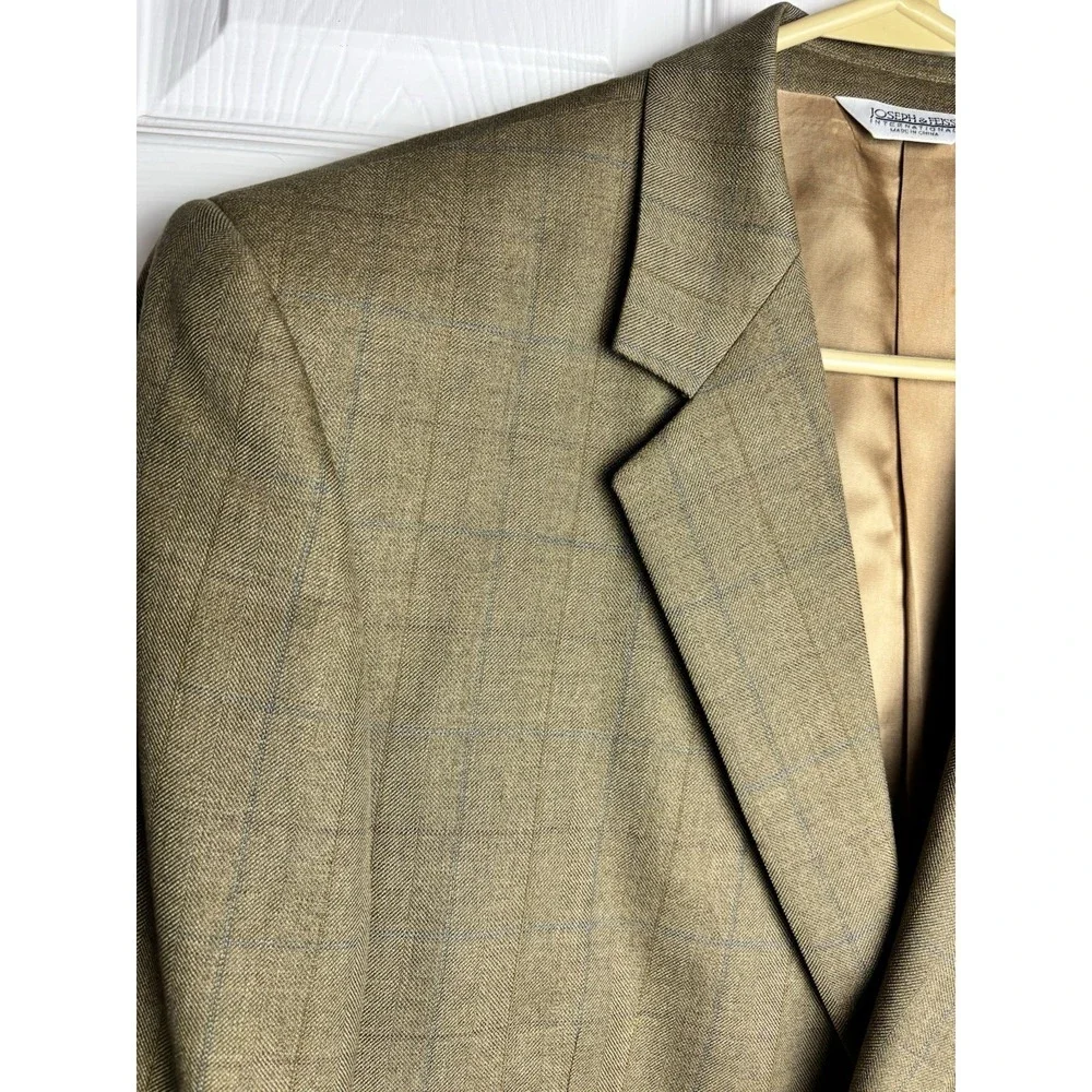 JOSEPH & FEISS Mens 43R Beige WINDOWPANE Wool & Silk Sport Coat Blazer Suit Coat